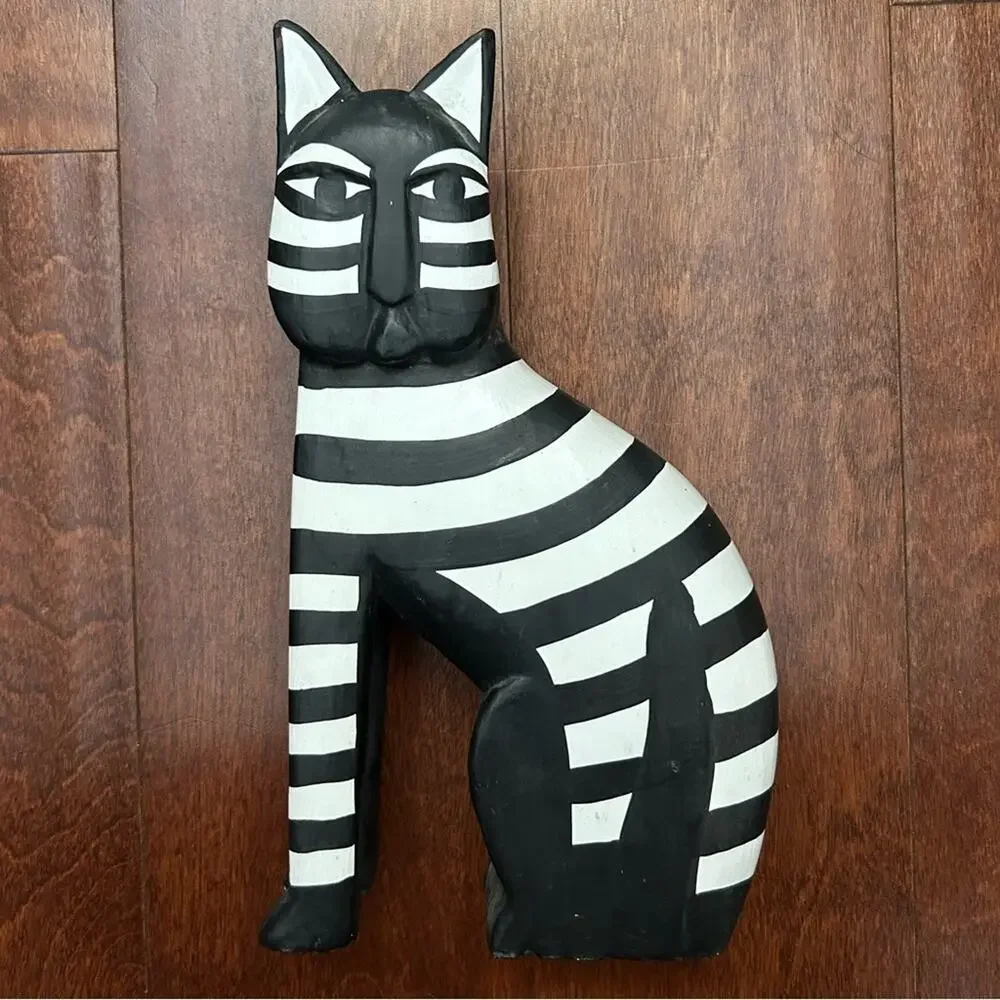 Laurel Burch Style Vintage Pair of Striped Black and White Cat Wooden Figurines
